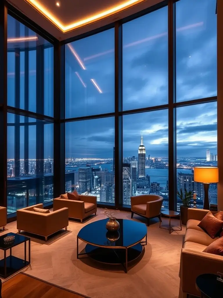 A luxurious apartment interior with floor-to-ceiling windows showcasing a stunning city view, emphasizing the modern design and high-end finishes for Kindred Realtors.