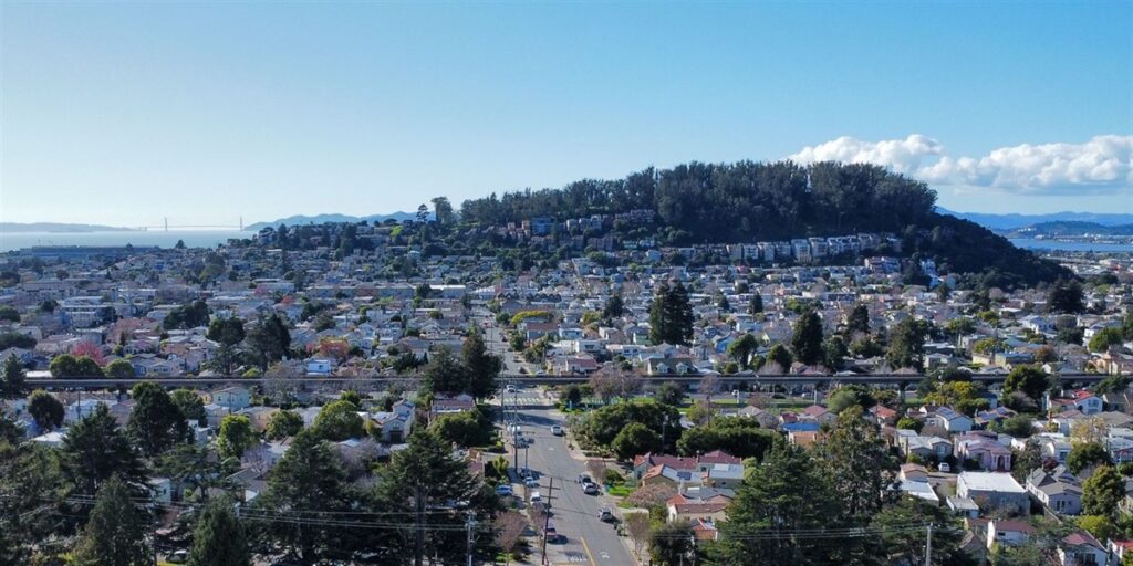 Panoramic view of Albany Hill in California, a 338-foot natural landmark covered in eucalyptus and oak trees, viewed from the east.