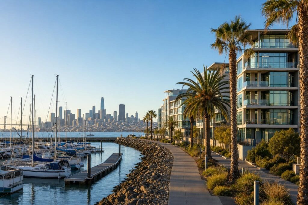 Emeryville, CA waterfront marina with sailboats, bay trail, and San Francisco skyline views